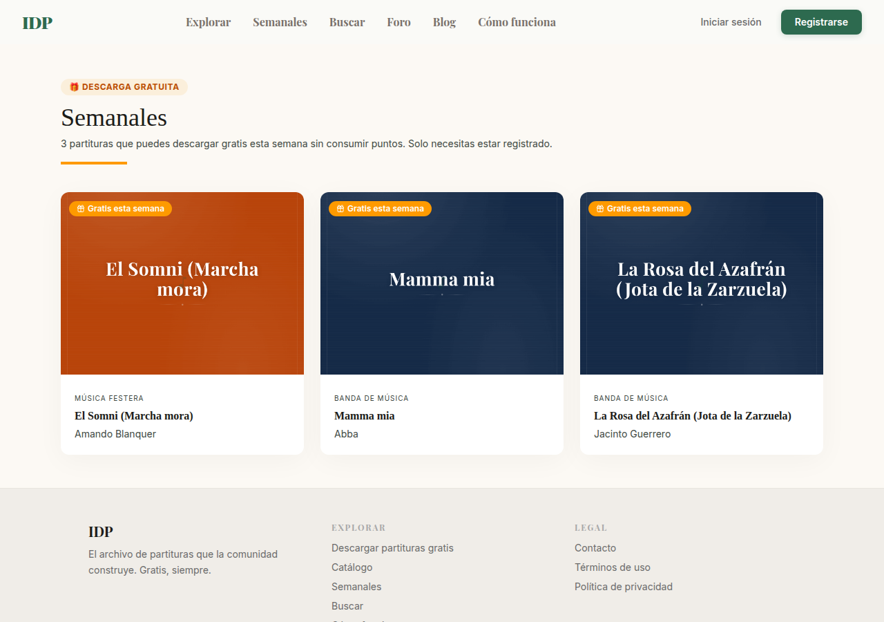 Partituras semanales gratuitas en IDP